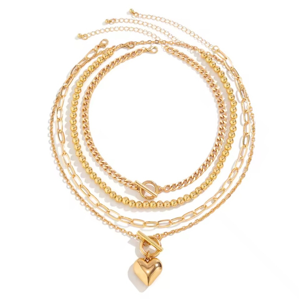 4-Piece Gold Layered Necklace Set w/ Heart Pendant – Y2K Chic - Picture 3 of 5